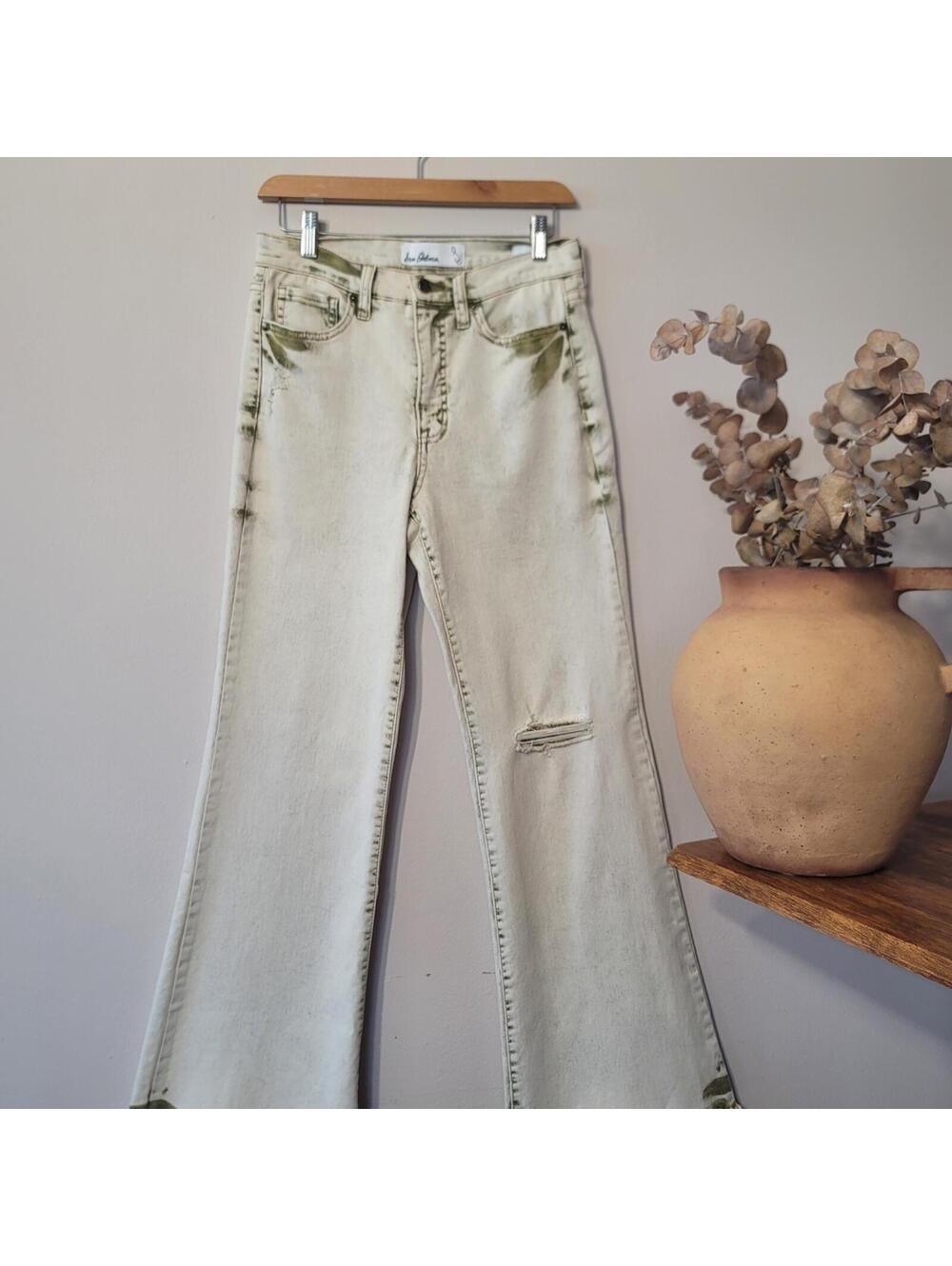 Sam Edelman Bay Flare Jeans Moss Green & Sand Sz 28 Grunge